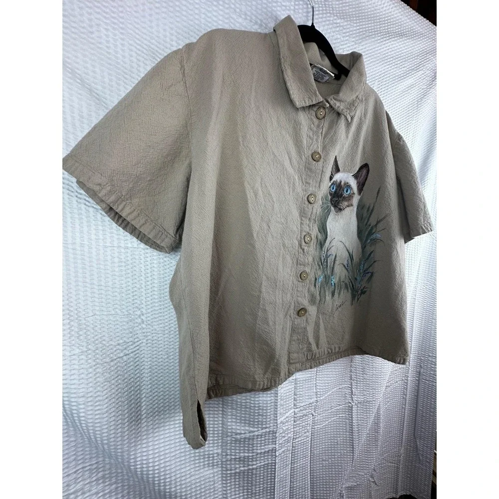 California Prototype Handpainted Siamese Cat‎ Short SLV Button Up Shirt OOAK XXL